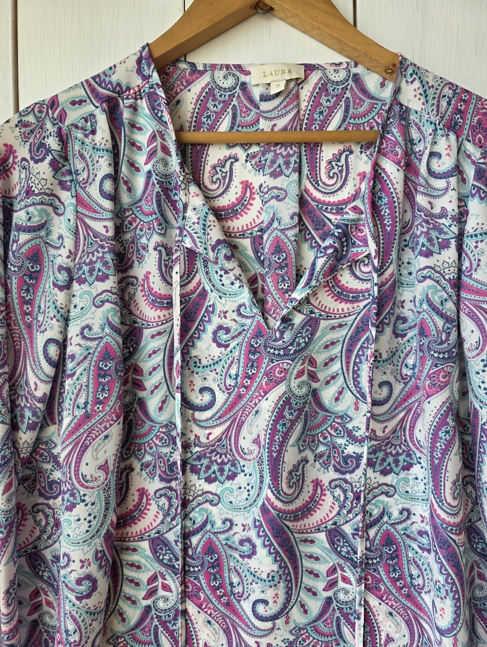 Laura Paisley Print Tie Front Blouse Purple Teal Womens Size 12 - Picture 2 of 10